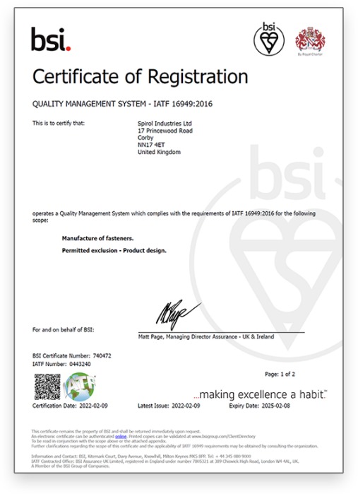 SPIROL UK erhält die IATF 16949 Zertifizierung